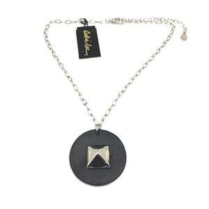 Pyramid Pendant Necklace Black Silver Tone Leather Disc Punk Goth Studded Grunge
